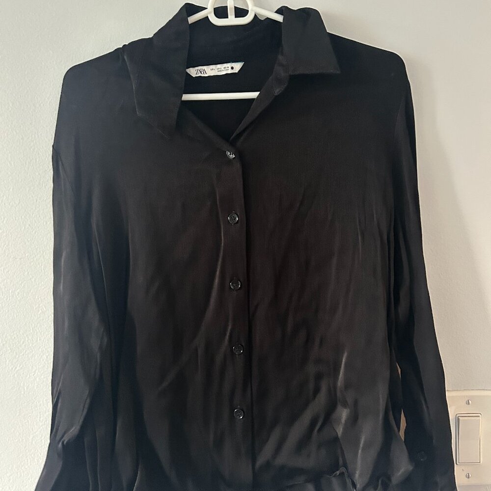 Zara Black Silky Button Up Top - Size L